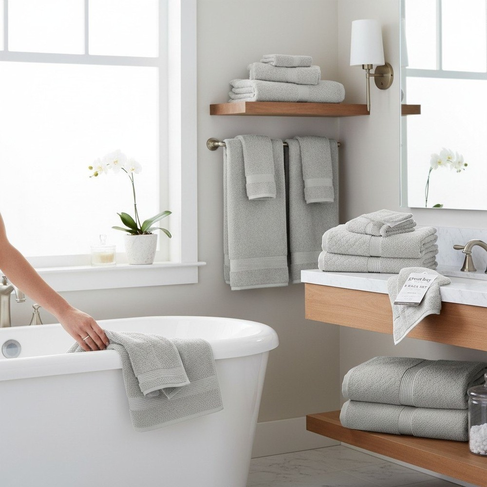 Great Bay Home Grayson Hand Towels 6 Pack Light Gray 16x28 New